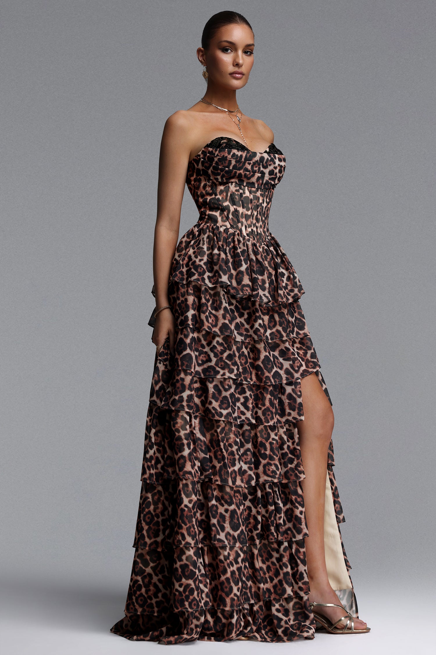 Pako Elegant Tailored Strapless Pleated Leopard Print Maxi Dress
