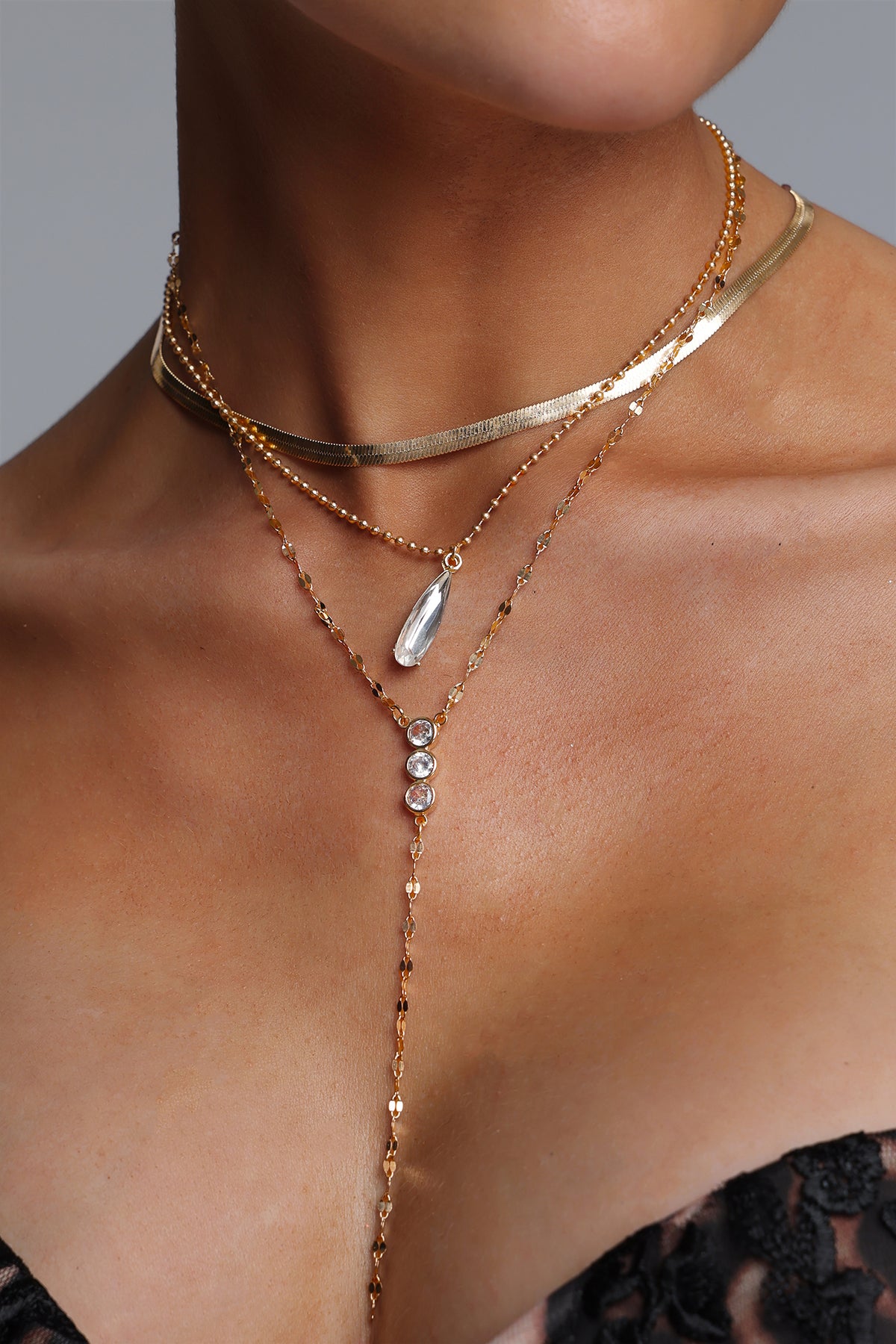 Zeno Triple Layer Herringbone Teardrop Crystal Y Drop Necklace