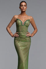 Kuhany Chic Contour Strapless Rhinestone Fish Net Maxi Dress
