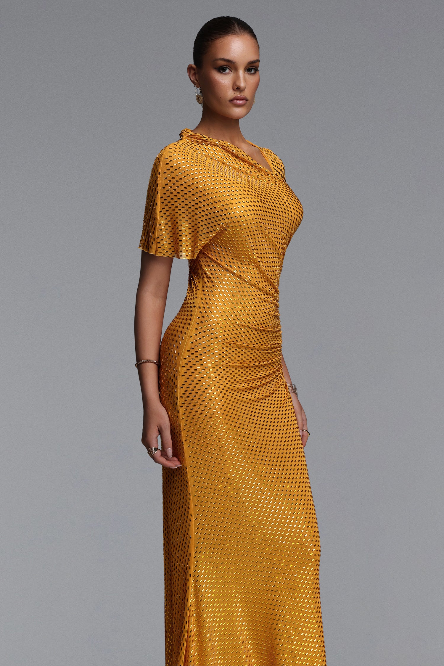 Pora Chic Contour Asymmetric Ruched Crystal Knit Yellow Maxi Dress