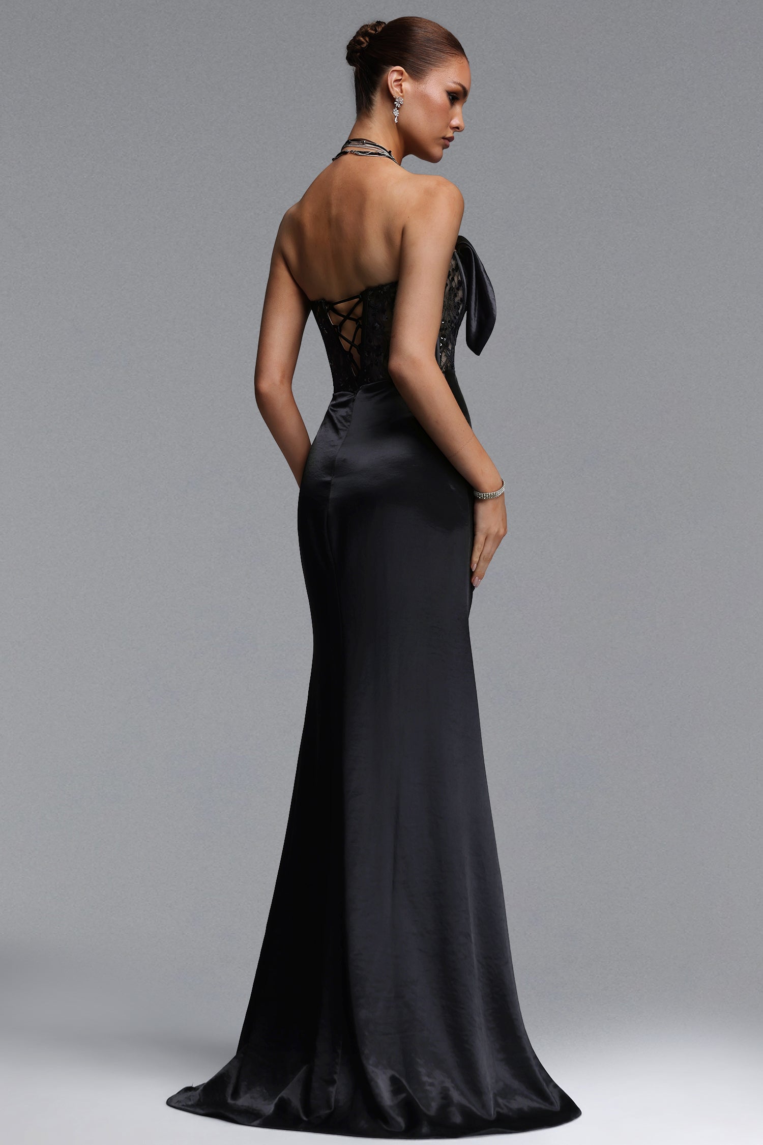 Falae Elegant Tailored Strapless Pleated Satin Maxi Dress