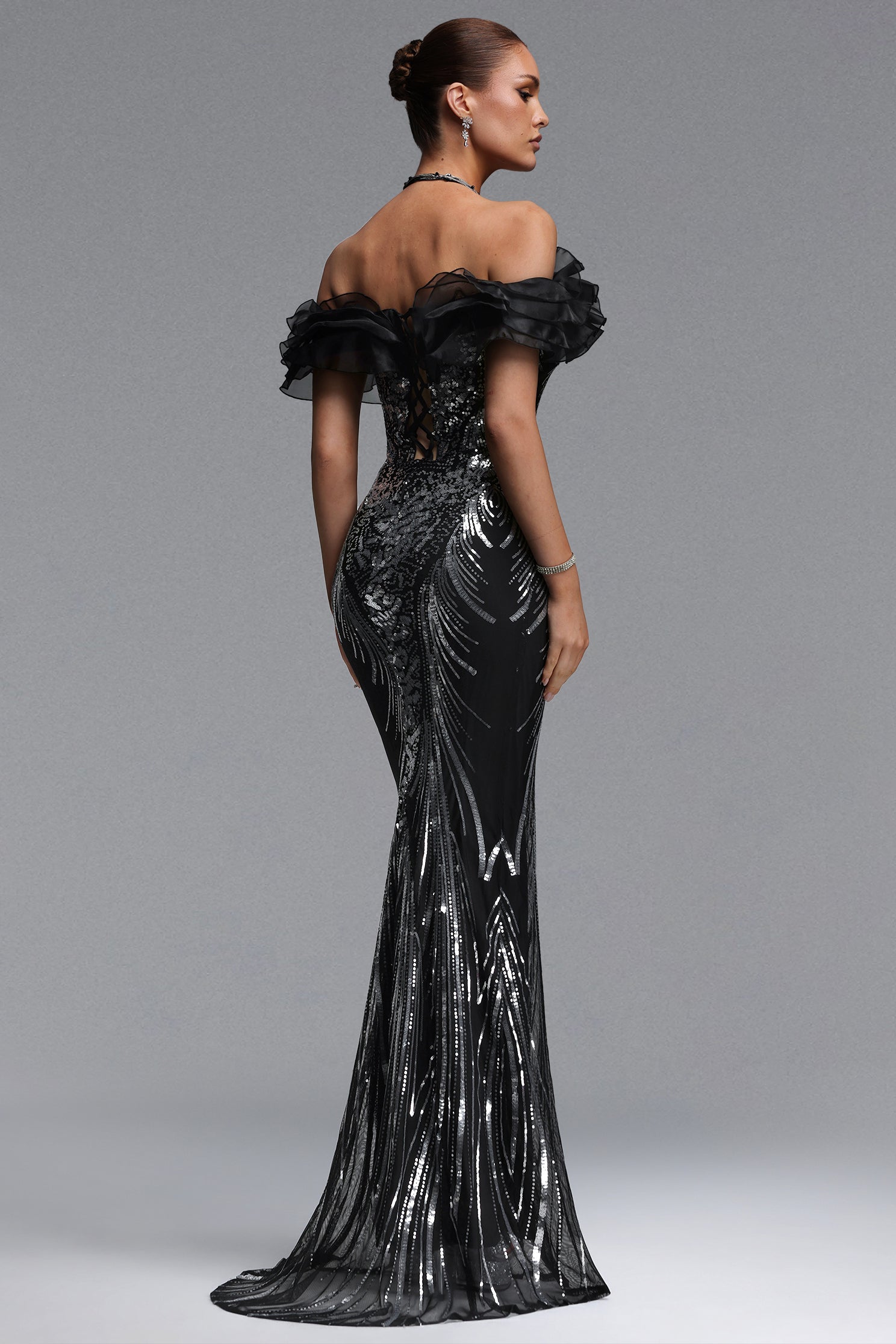 Cindy Glamorous Contour Off Shoulder Ruffled Neckline Sequin Maxi Dress