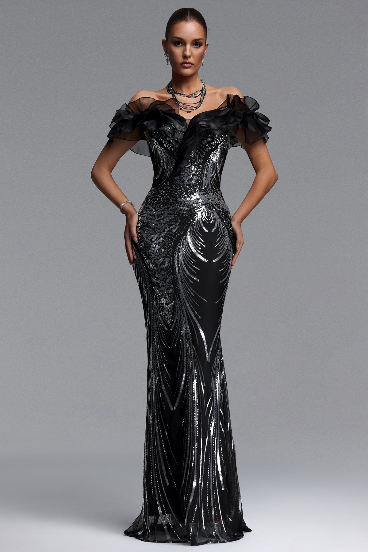 Cindy Glamorous Contour Off Shoulder Ruffled Neckline Sequin Maxi Dress