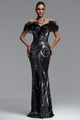 Cindy Glamorous Contour Off Shoulder Ruffled Neckline Sequin Maxi Dress