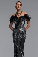 Cindy Glamorous Contour Off Shoulder Ruffled Neckline Sequin Maxi Dress