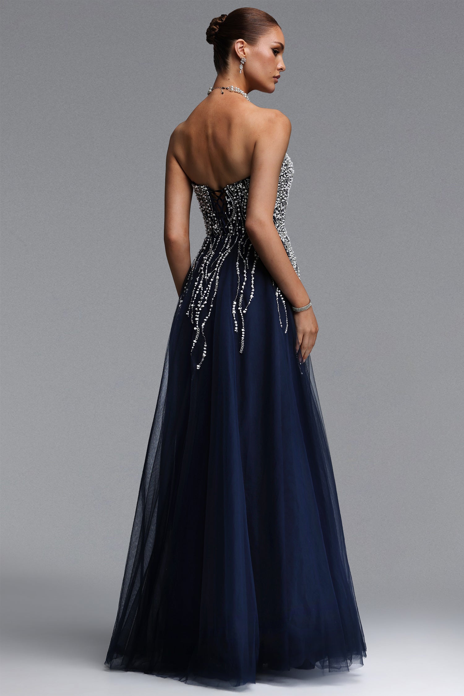 Soloma Glamorous Flowy Strapless Embellished Tulle Maxi Dress