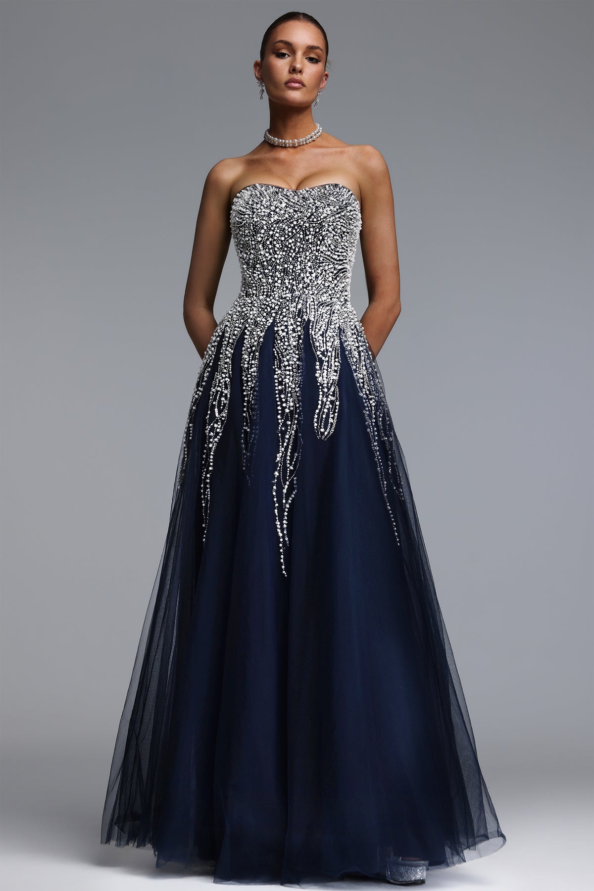 Soloma Glamorous Flowy Strapless Embellished Tulle Maxi Dress