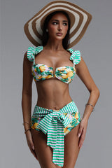 Ekala Resort Sleeveless Stripe Floral Print Swimsuit Two Piece Set