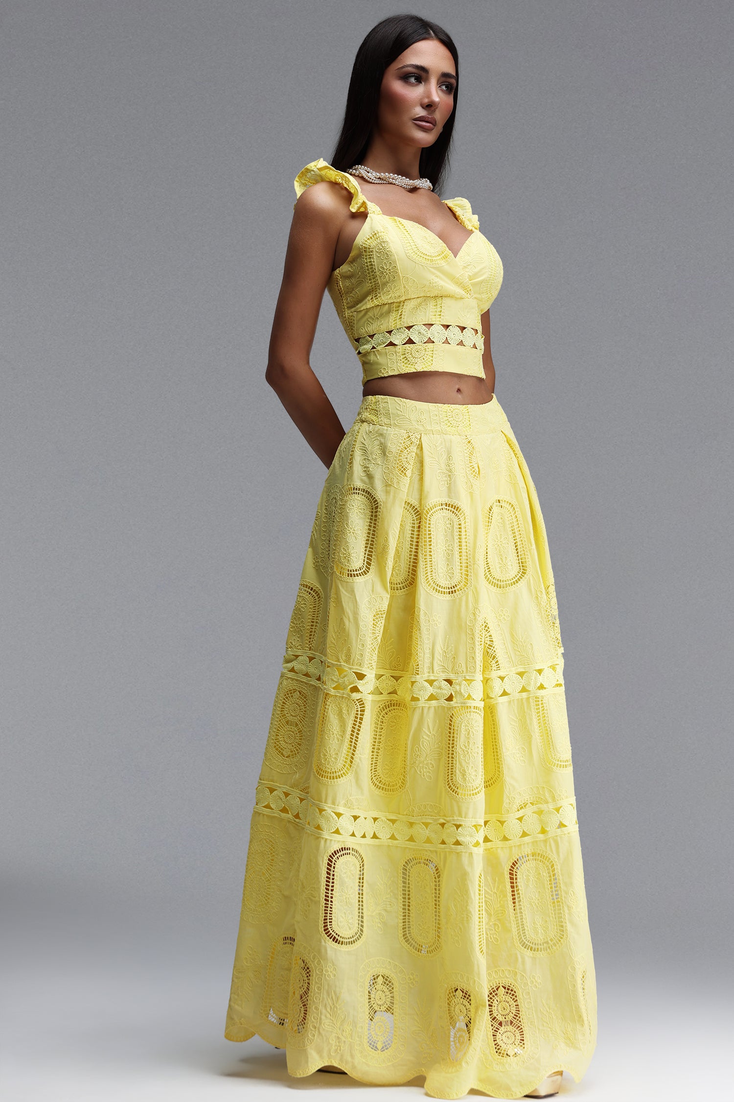 Lali Resort Flowy V Neck Sleeveless Ruffle Woven Yellow Top and Skirt Two Piece Set