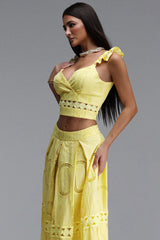Lali Resort Flowy V Neck Sleeveless Ruffle Woven Yellow Top and Skirt Two Piece Set