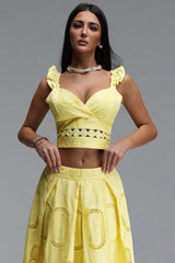 Lali Resort Flowy V Neck Sleeveless Ruffle Woven Yellow Top and Skirt Two Piece Set