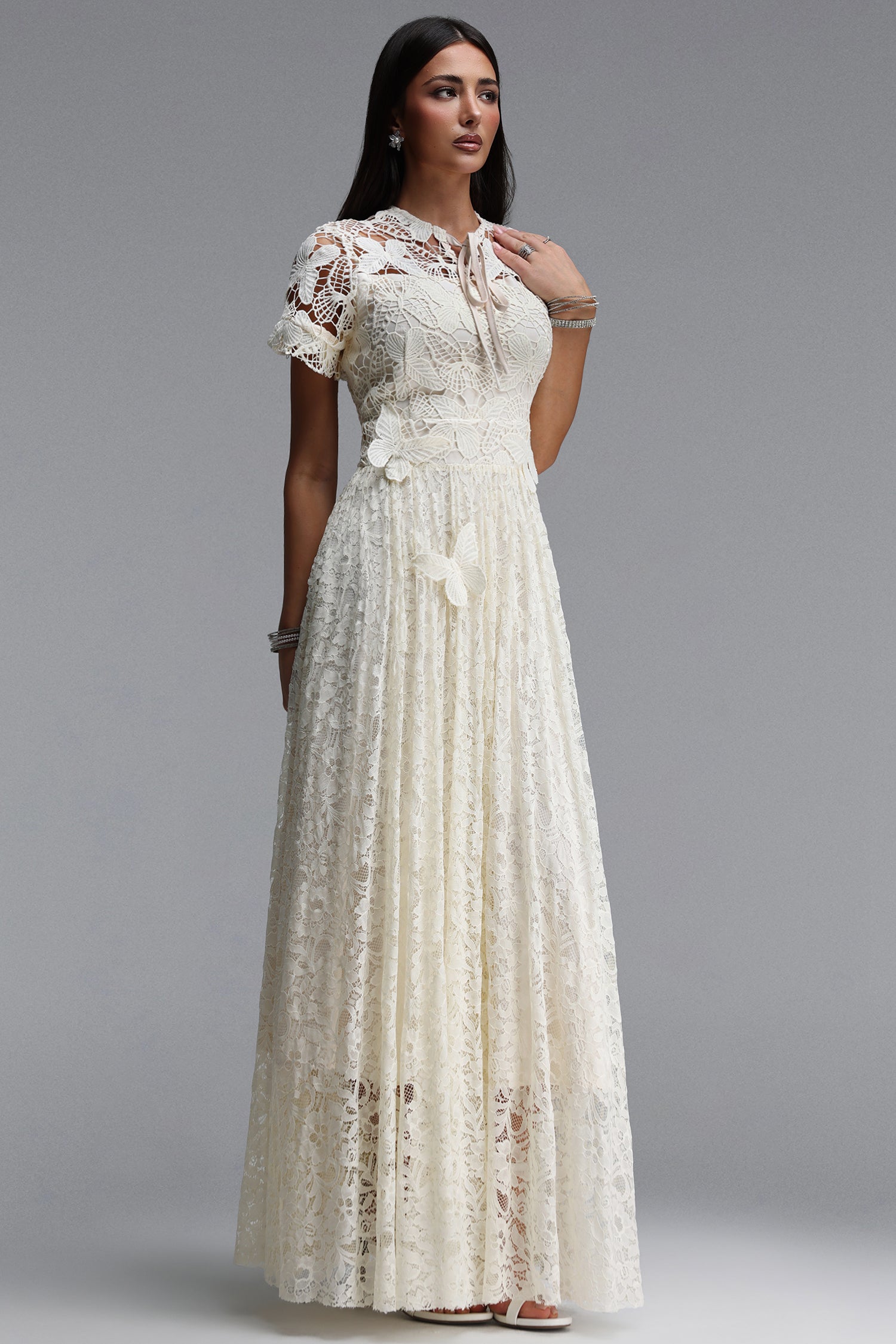 Taffy Elegant Cinched Short Sleeve Butterfly Floral Lace Maxi Dress