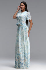 Ignacia Romantic Flowy Short Sleeve Floral Print Embroidered Woven Blue Top and Skirt Two Piece Set