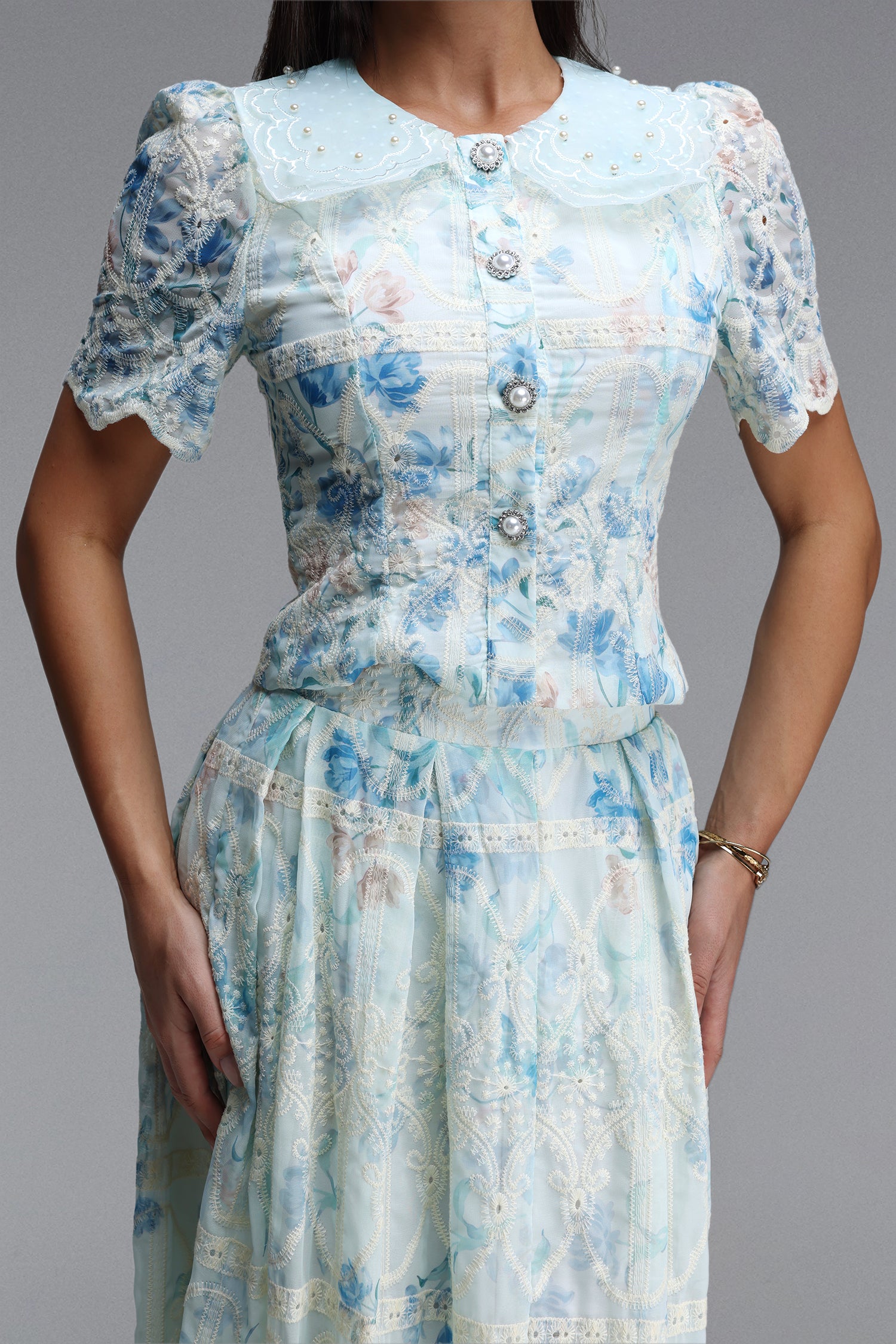 Ignacia Romantic Flowy Short Sleeve Floral Print Embroidered Woven Blue Top and Skirt Two Piece Set