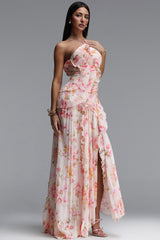 Elleri Resort Flowy Sleeveless Pleated Ruffle Floral Print Woven Maxi Dress
