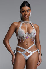 Gaki Luxurious Contour Halter Rhinestone Tassel Cross Tie Bikini Set