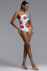 Jaxon Elegant Contour One Shoulder Cut Out Floral Rhinestone One Piece Swimsuit