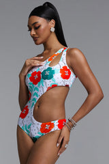 Jaxon Elegant Contour One Shoulder Cut Out Floral Rhinestone One Piece Swimsuit