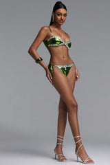 Kaliana Sexy Contour Strap Rhinestone Trim Satin Side Tie Bikini Set
