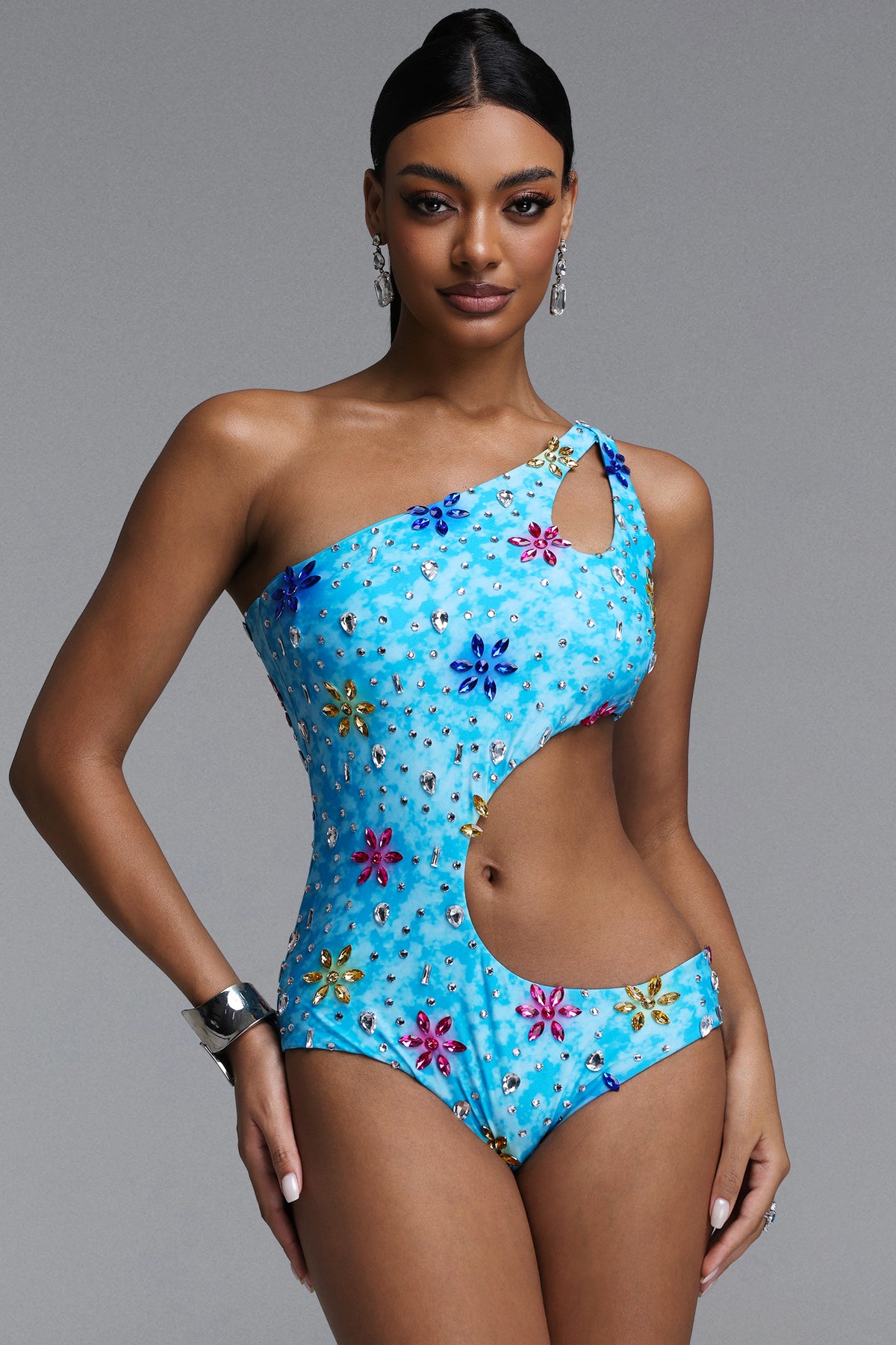 Jaxon Sexy Contour Asymmetric One Shoulder Cut Out Multicolor Floral Rhinestone One Piece Swimsuit