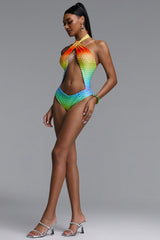Mead Chic Crisscross Halter Gradient Rhinestone Rainbow Cut out Swimsuit
