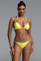 Dido Elegant Flexible Halter Sapphire Rhinestone Chain Side Tie Bikini Set