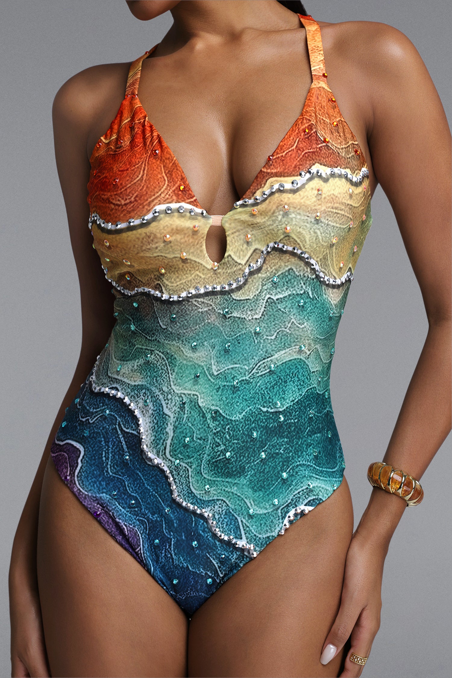 Quany Chic Halter Gradient Topographic Print Rhinestone Trim Swimsuit