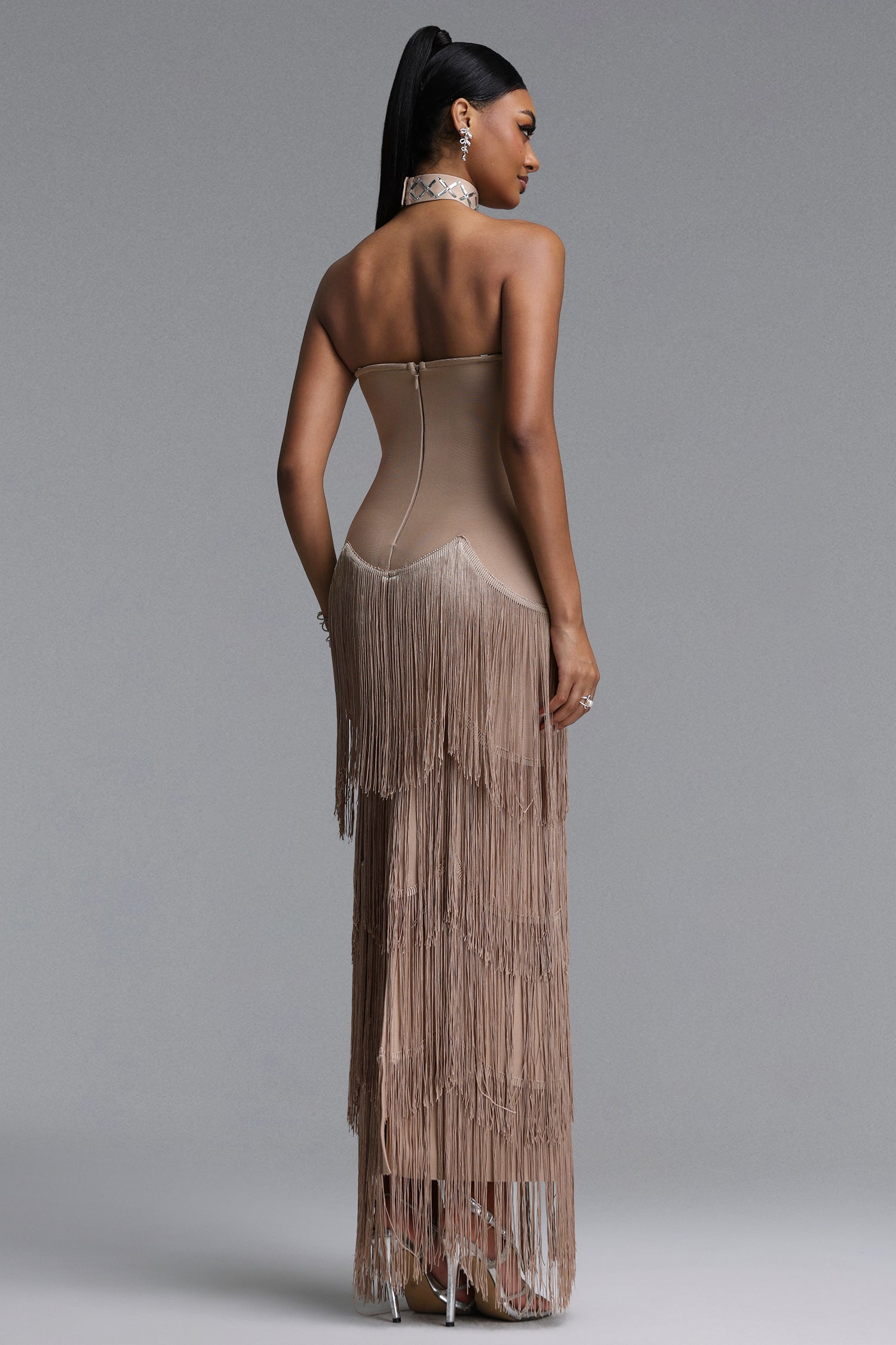 Nikki Elegant Contour Strapless Rhinestone Fringe Midi Dress