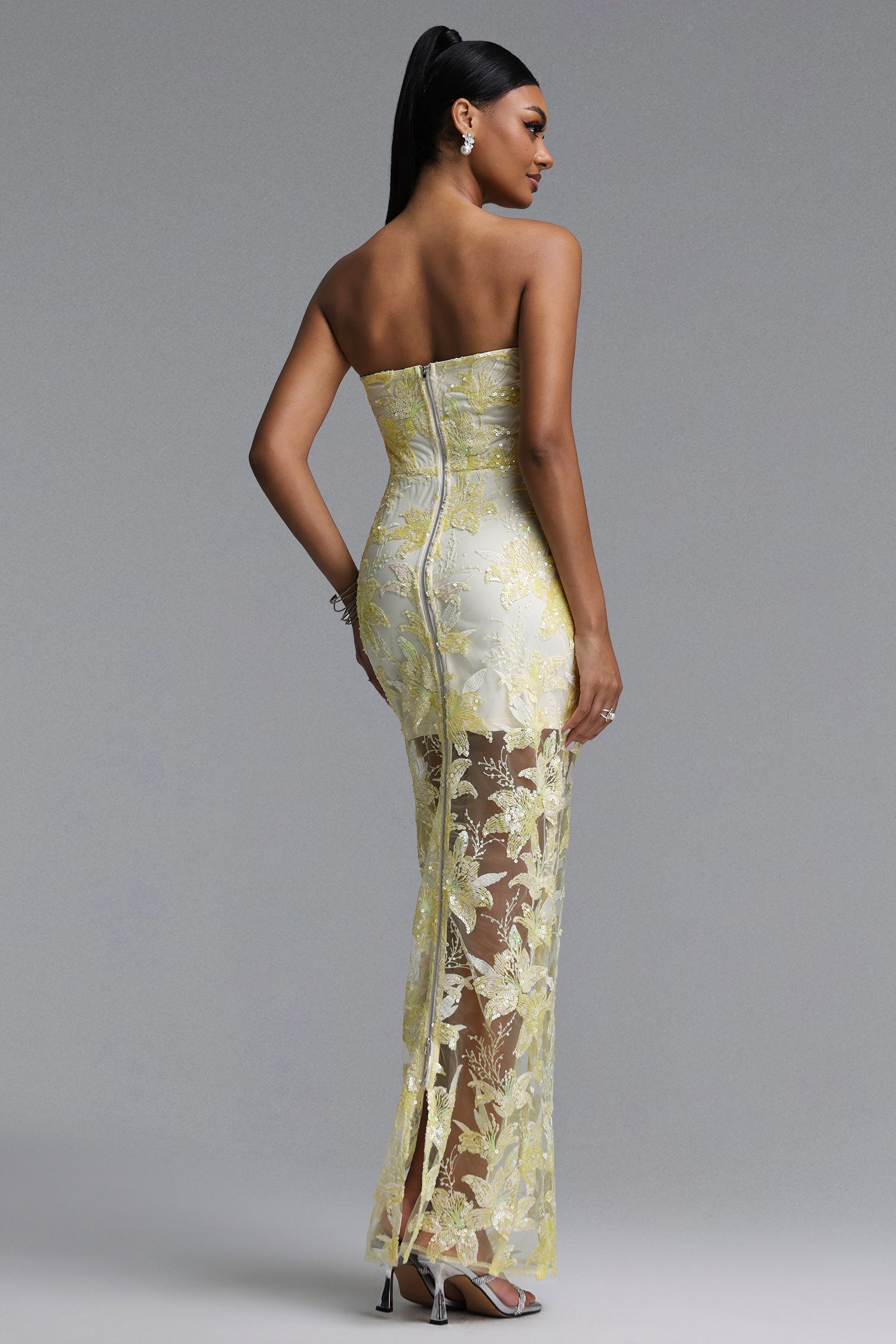 Livana Elegant Youthful Strapless Floral Embroidery Sheer Mermaid Maxi Dress
