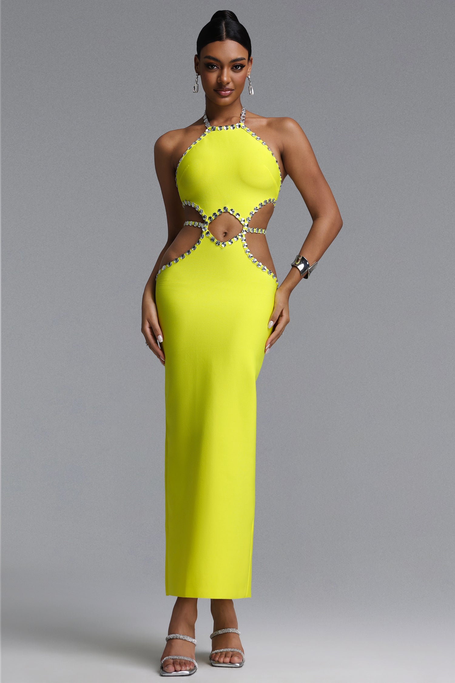 Juyce Halter Sleeveless Hollow Out Diamond Bandage Maxi Dress