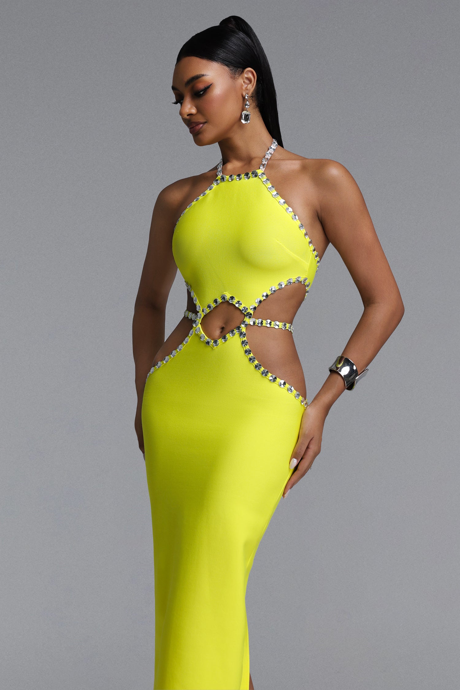 Juyce Halter Sleeveless Hollow Out Diamond Bandage Maxi Dress