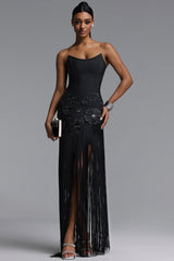 Ezgi Chic Contour Strapless Floral Fringe Bandage Black Maxi Dress