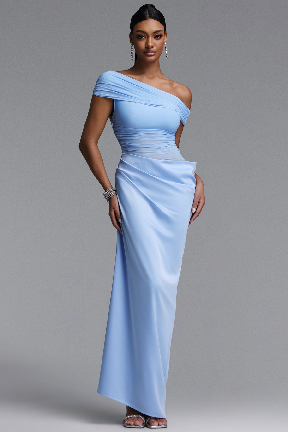 Tillie Elegant Contour Off Shoulder Pleated Sheer Maxi Dress