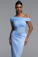 Tillie Elegant Contour Off Shoulder Pleated Sheer Maxi Dress