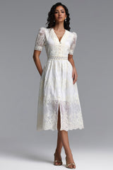 Ganera Resort Flowy V Neck Short Sleeve Floral Woven Midi Dress