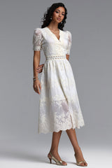 Ganera Resort Flowy V Neck Short Sleeve Floral Woven Midi Dress