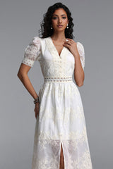 Ganera Resort Flowy V Neck Short Sleeve Floral Woven Midi Dress
