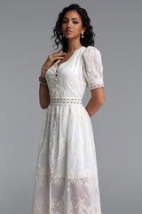Ganera Resort Flowy V Neck Short Sleeve Floral Woven Midi Dress
