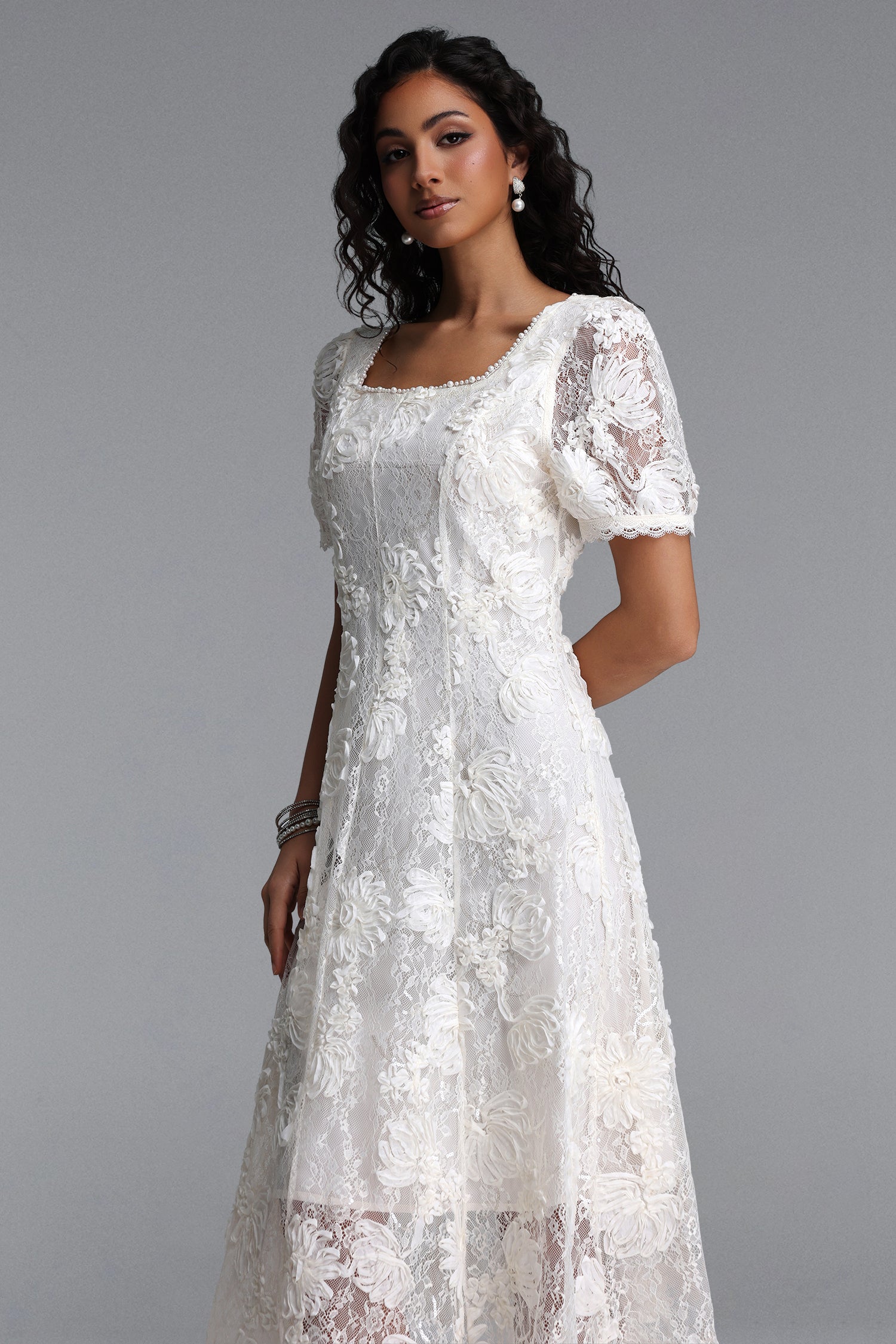 Yerza Elegant Tailored Short Sleeve Floral Woven Maxi Dress