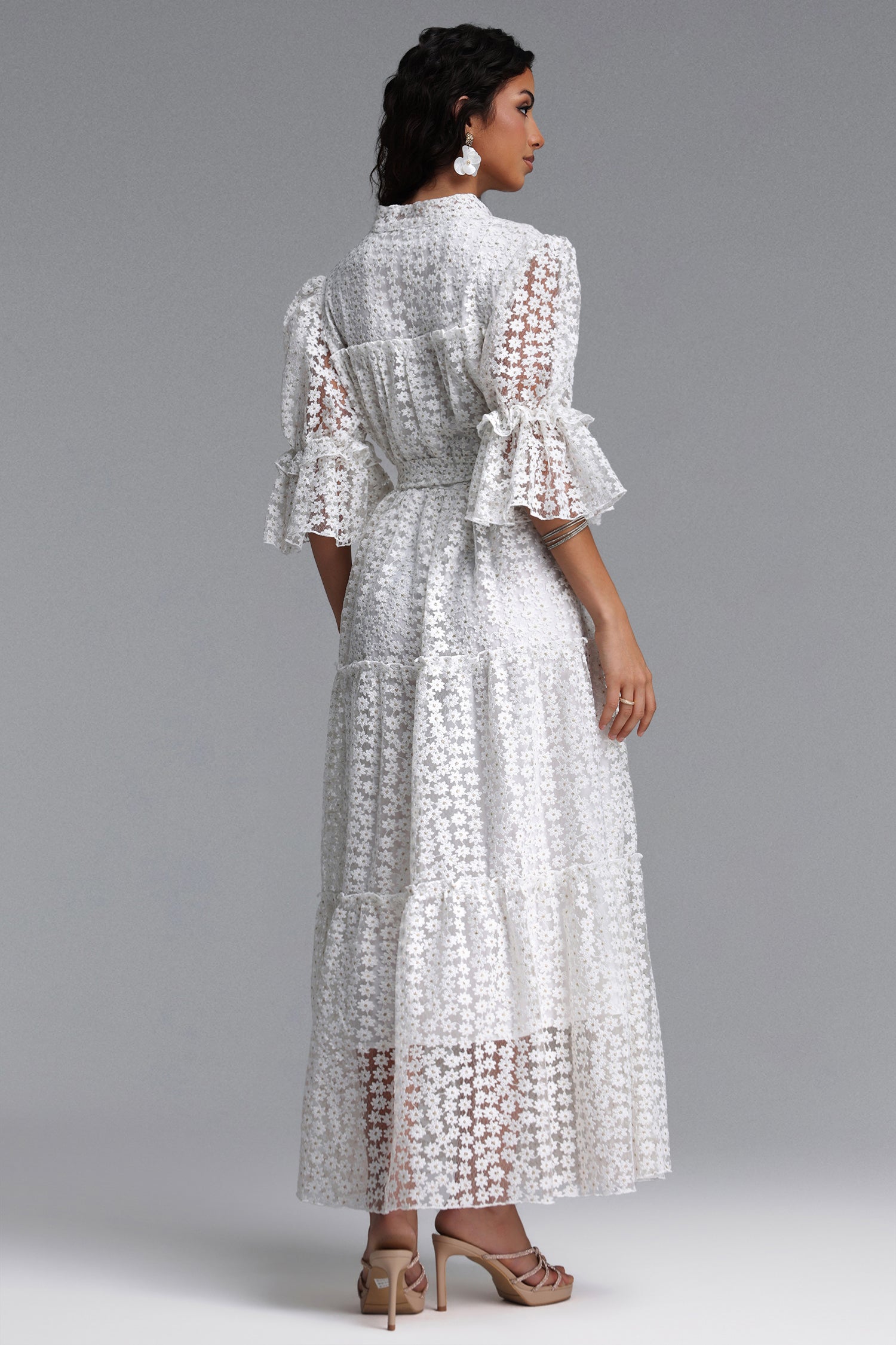 Lzada Resort Flowy V Neck Puff Sleeve Floral Woven Maxi Dress