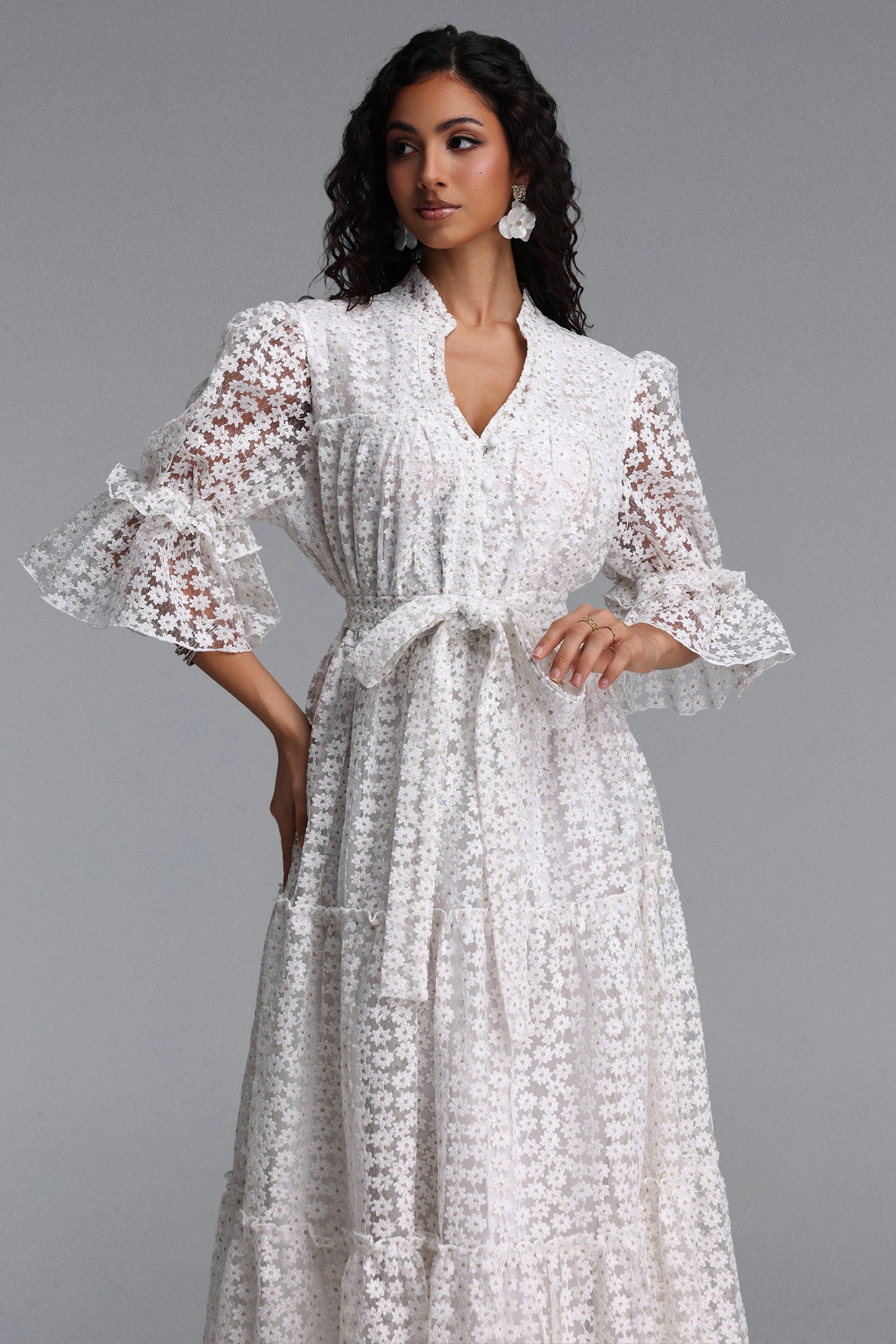 Lzada Resort Flowy V Neck Puff Sleeve Floral Woven Maxi Dress