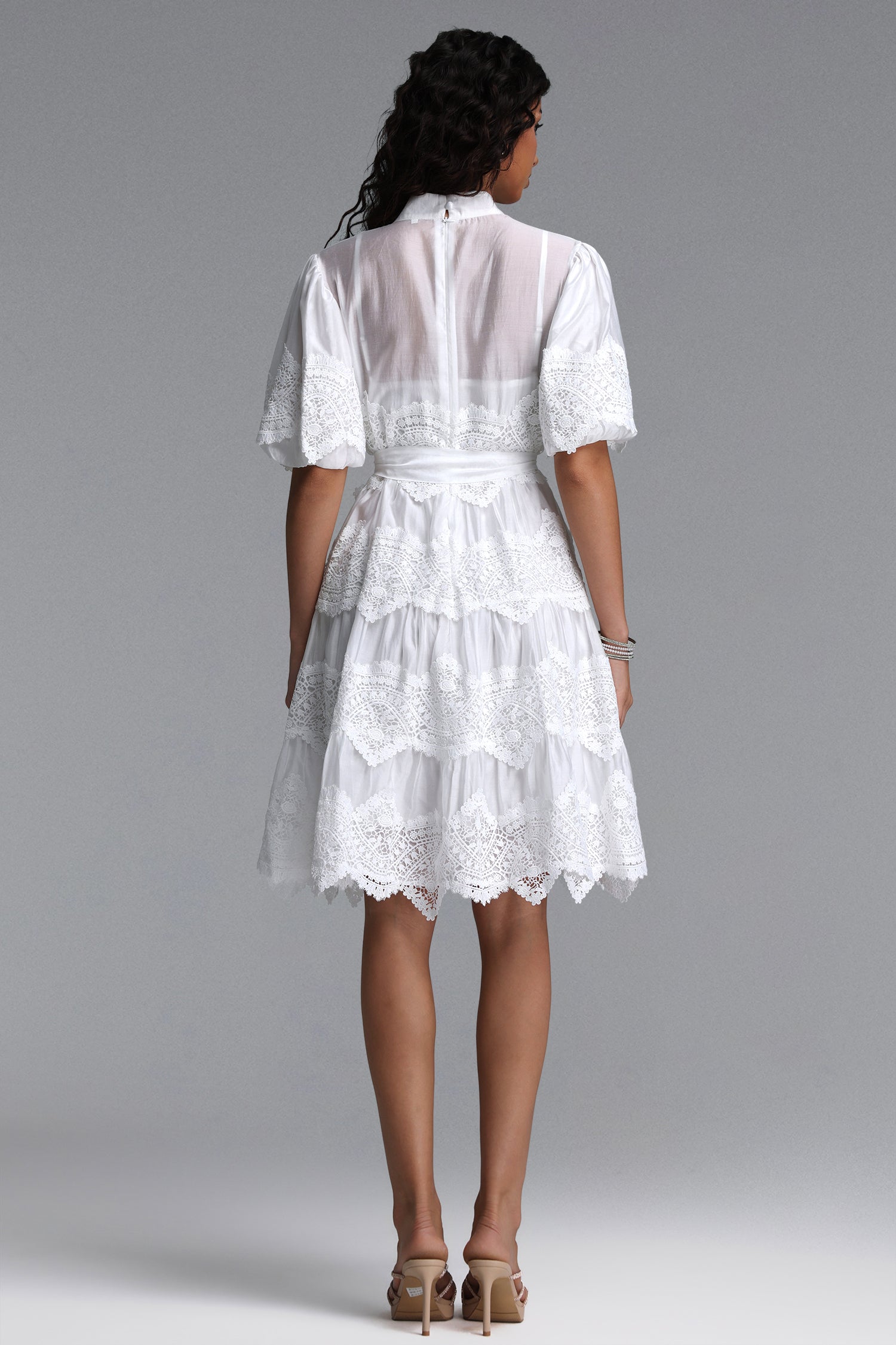 Maci Resort Flowy Puff Sleeve Floral Lace Woven Mini Dress
