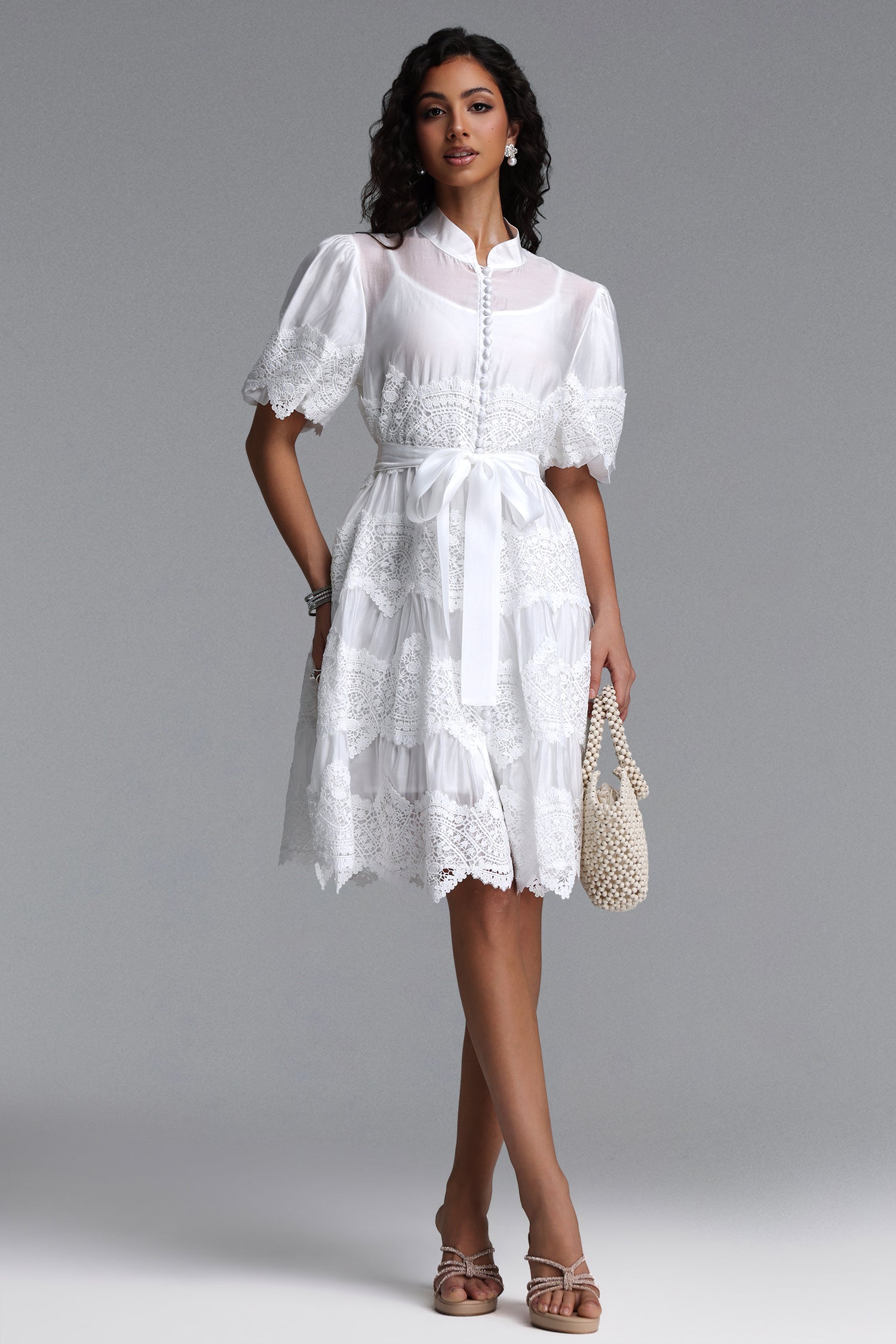 Maci Resort Flowy Puff Sleeve Floral Lace Woven Mini Dress
