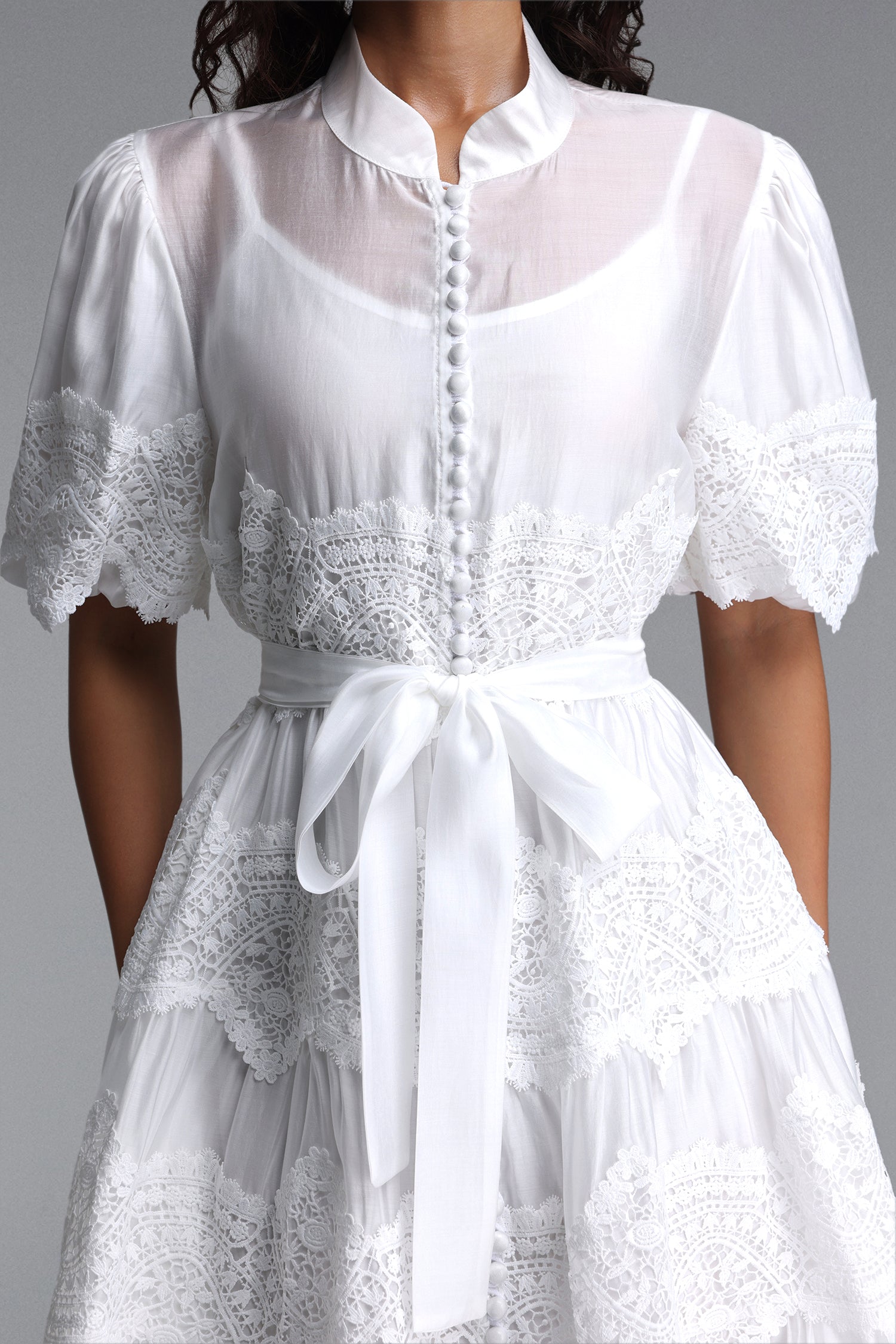 Maci Resort Flowy Puff Sleeve Floral Lace Woven Mini Dress