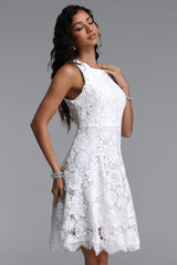 Pedra Elegant Cinched Round Neck Sleeveless Floral Lace Mini Dress