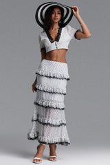 Frida Classic Tailored Short Sleeve Ruffle Polka Dot Chiffon Top and Skirt Two Piece Set