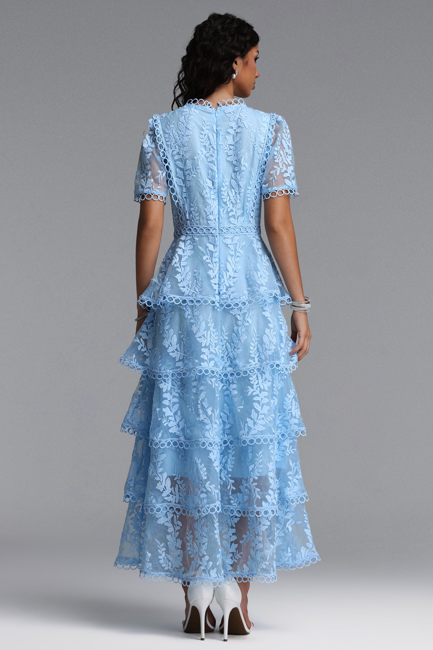 Yedda Resort Flowy Round Neck Short Sleeve Floral Embroidered Woven Blue Maxi Dress