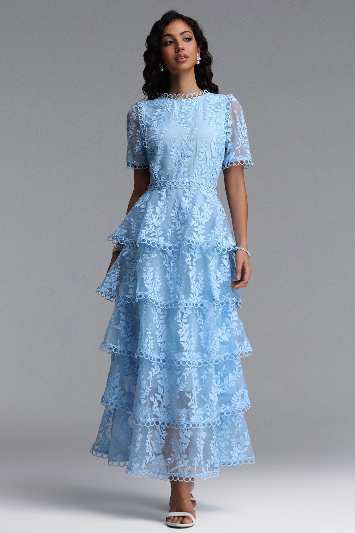 Yedda Resort Flowy Round Neck Short Sleeve Floral Embroidered Woven Blue Maxi Dress