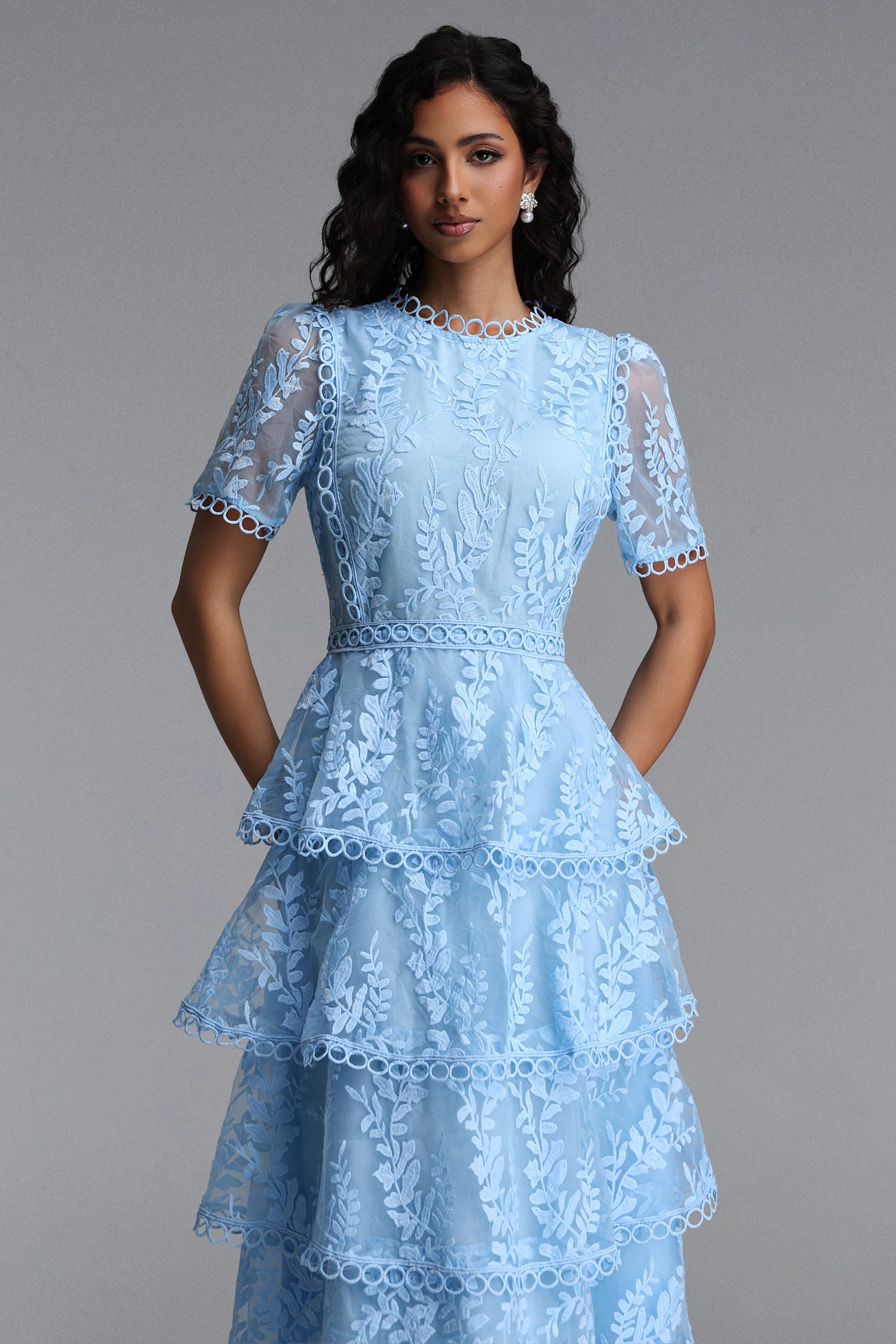 Yedda Resort Flowy Round Neck Short Sleeve Floral Embroidered Woven Blue Maxi Dress