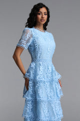 Yedda Resort Flowy Round Neck Short Sleeve Floral Embroidered Woven Blue Maxi Dress